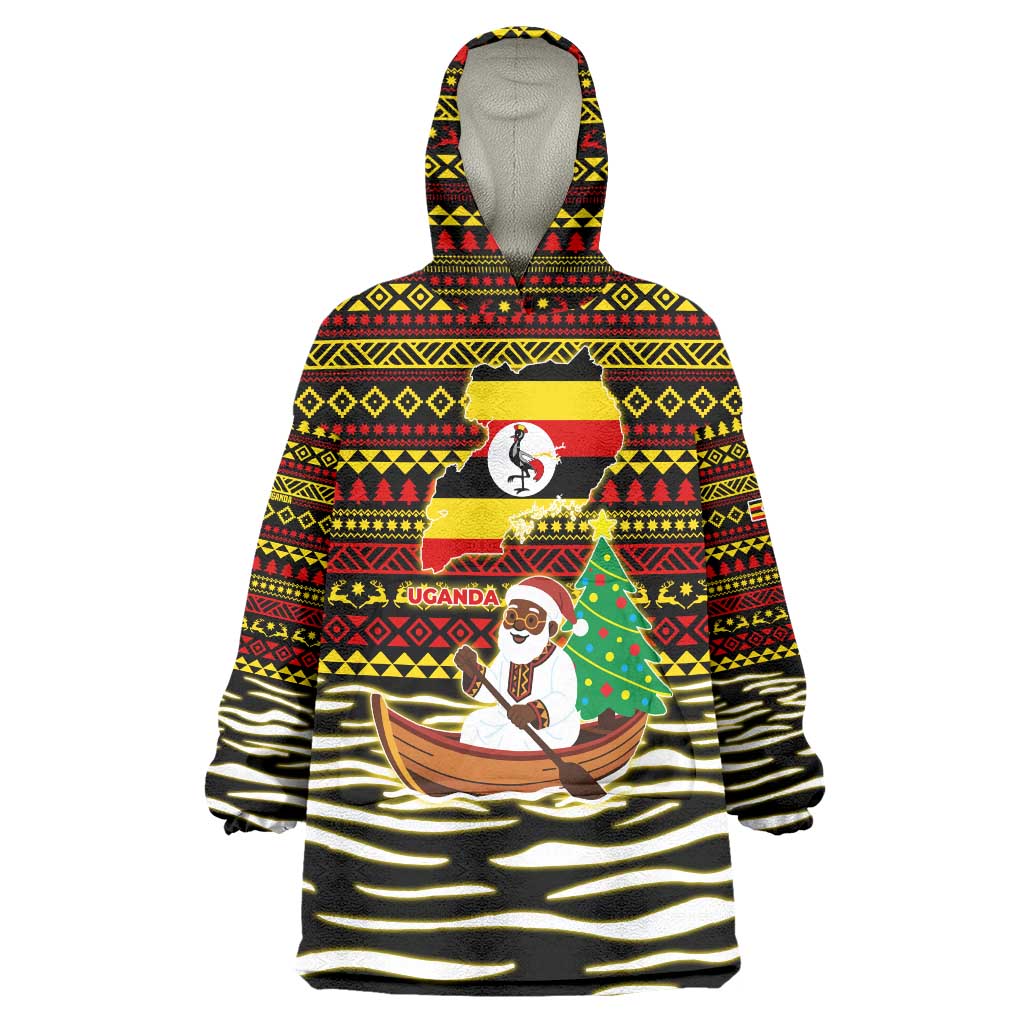 Uganda Christmas Wearable Blanket Hoodie with Santa in Canoe Christmas Tree Uganda Map Flag and Black Red Yellow Tribal Pattern Design - Wonder Print Shop