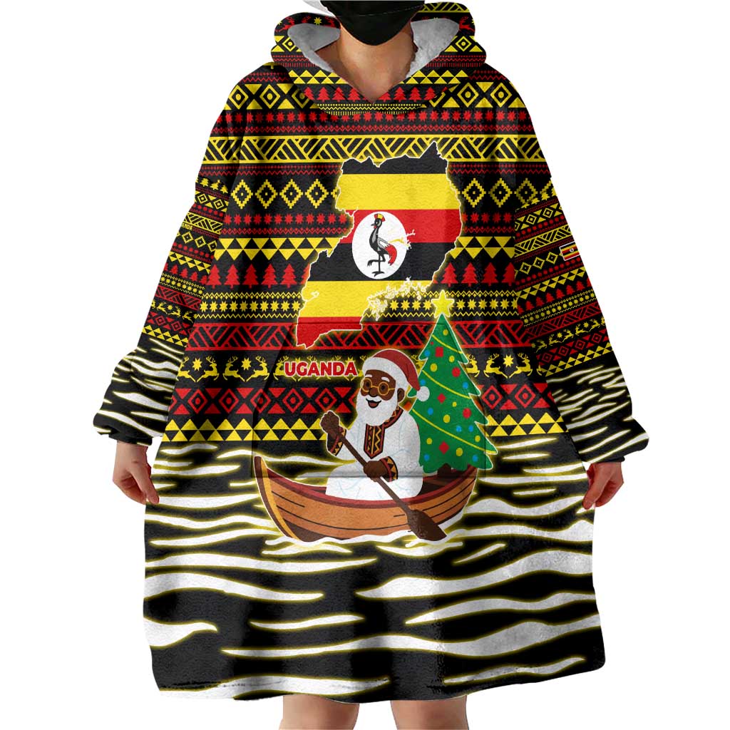 Uganda Christmas Wearable Blanket Hoodie with Santa in Canoe Christmas Tree Uganda Map Flag and Black Red Yellow Tribal Pattern Design - Wonder Print Shop