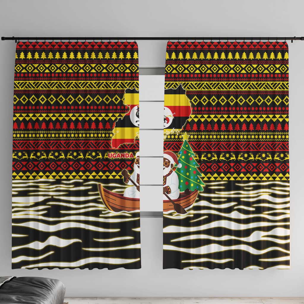 Uganda Christmas Window Curtain with Santa in Canoe Christmas Tree Uganda Map Flag and Black Red Yellow Tribal Pattern Design - Wonder Print Shop