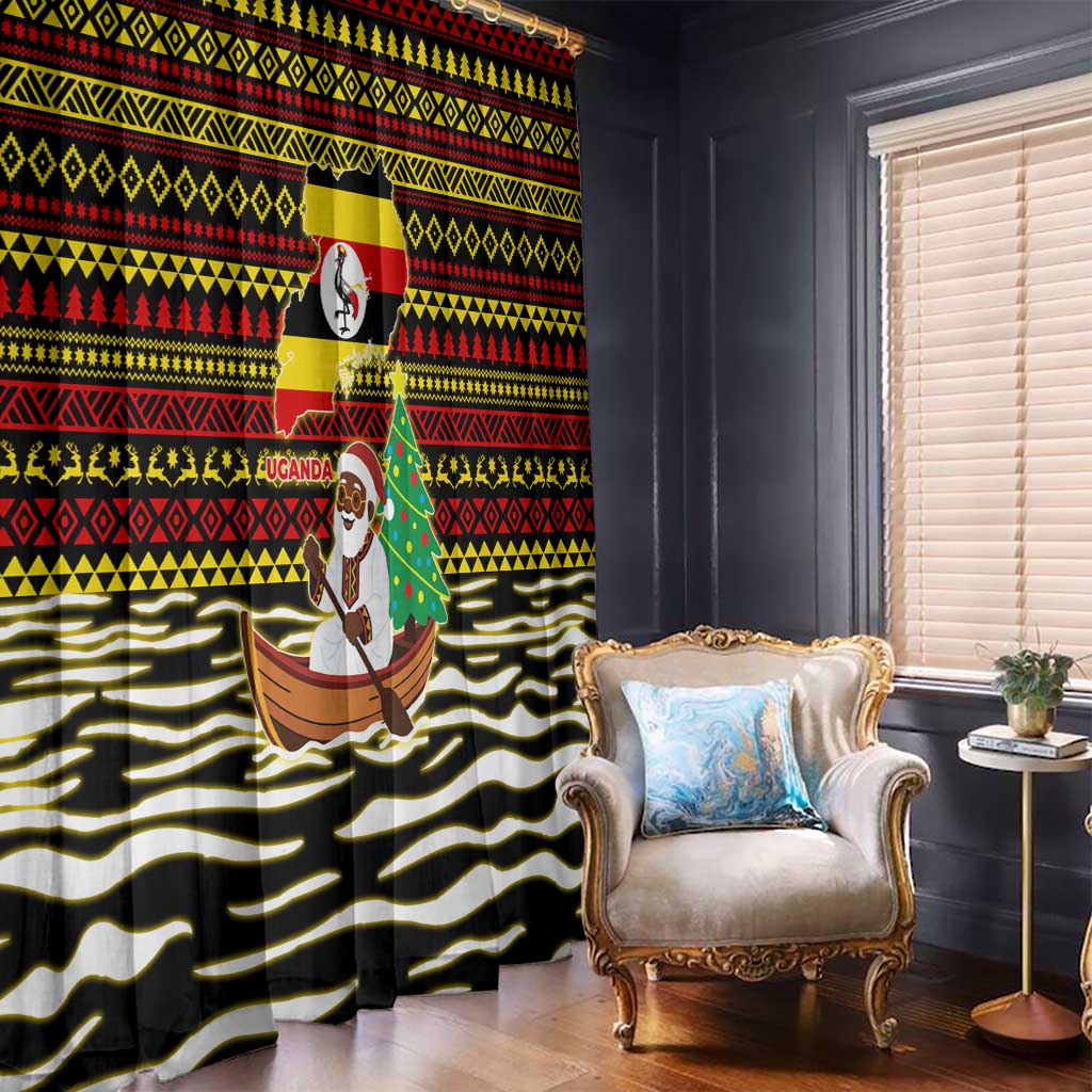 Uganda Christmas Window Curtain with Santa in Canoe Christmas Tree Uganda Map Flag and Black Red Yellow Tribal Pattern Design - Wonder Print Shop