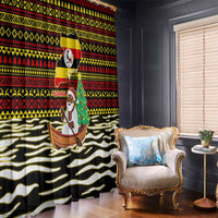 Uganda Christmas Window Curtain with Santa in Canoe Christmas Tree Uganda Map Flag and Black Red Yellow Tribal Pattern Design - Wonder Print Shop