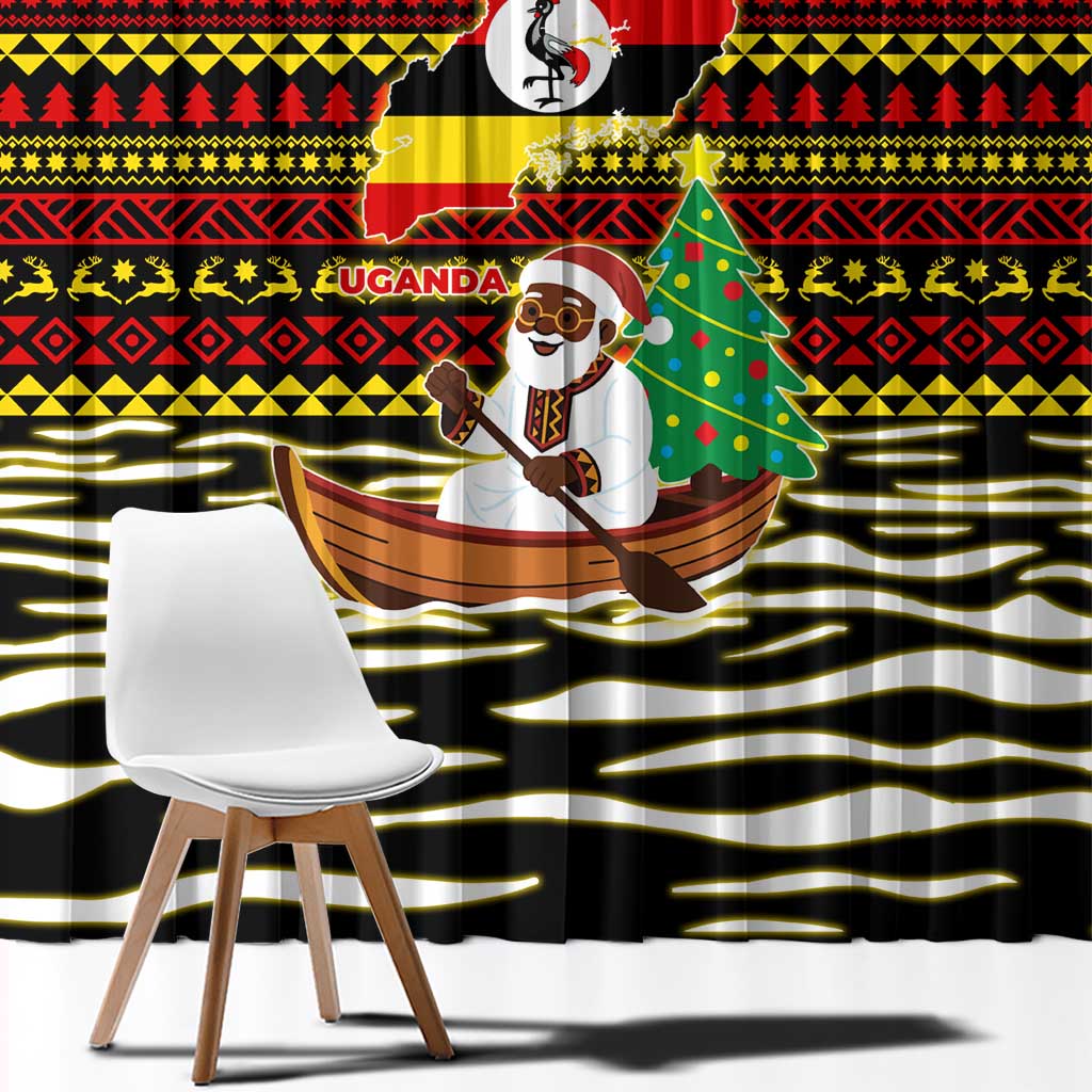 Uganda Christmas Window Curtain with Santa in Canoe Christmas Tree Uganda Map Flag and Black Red Yellow Tribal Pattern Design - Wonder Print Shop