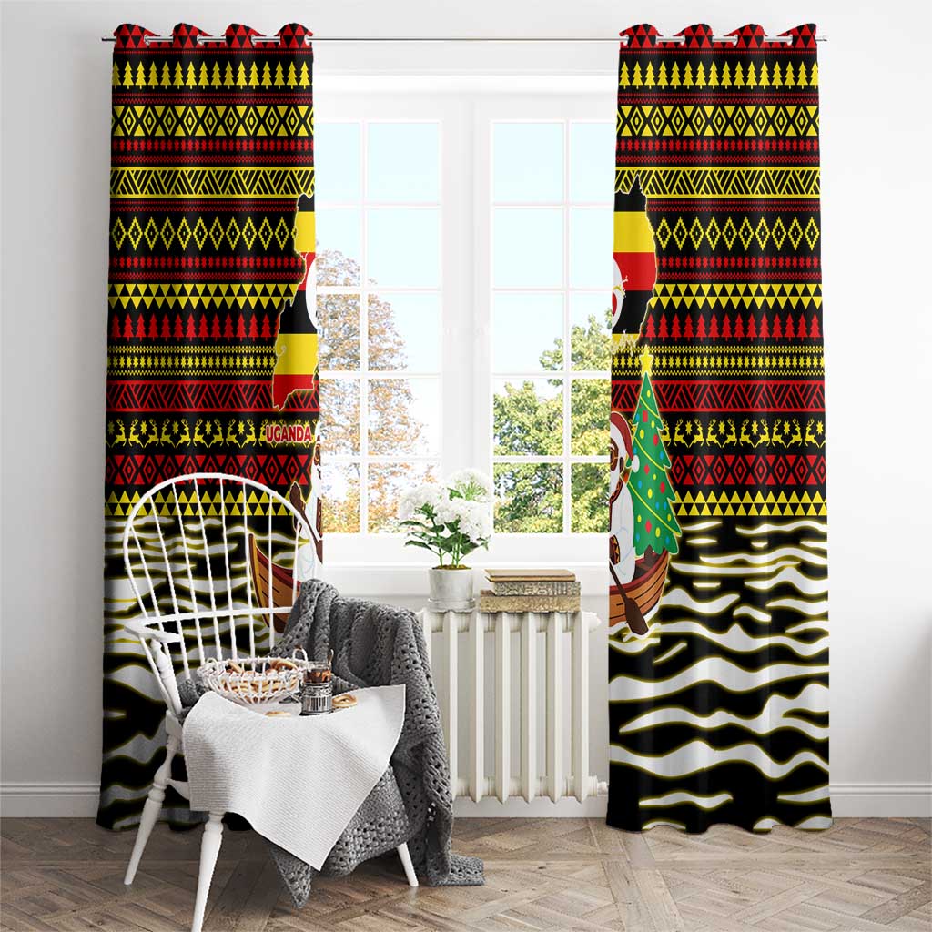 Uganda Christmas Window Curtain with Santa in Canoe Christmas Tree Uganda Map Flag and Black Red Yellow Tribal Pattern Design - Wonder Print Shop