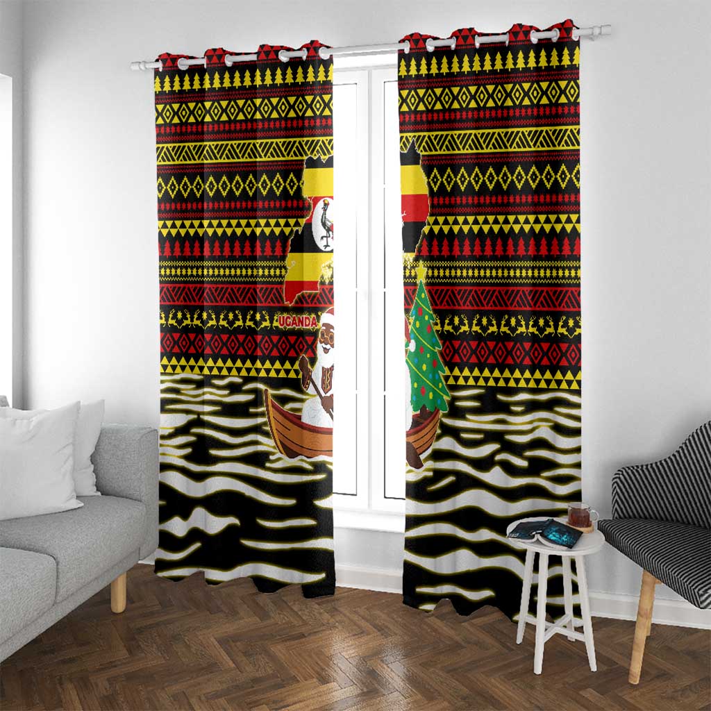 Uganda Christmas Window Curtain with Santa in Canoe Christmas Tree Uganda Map Flag and Black Red Yellow Tribal Pattern Design - Wonder Print Shop
