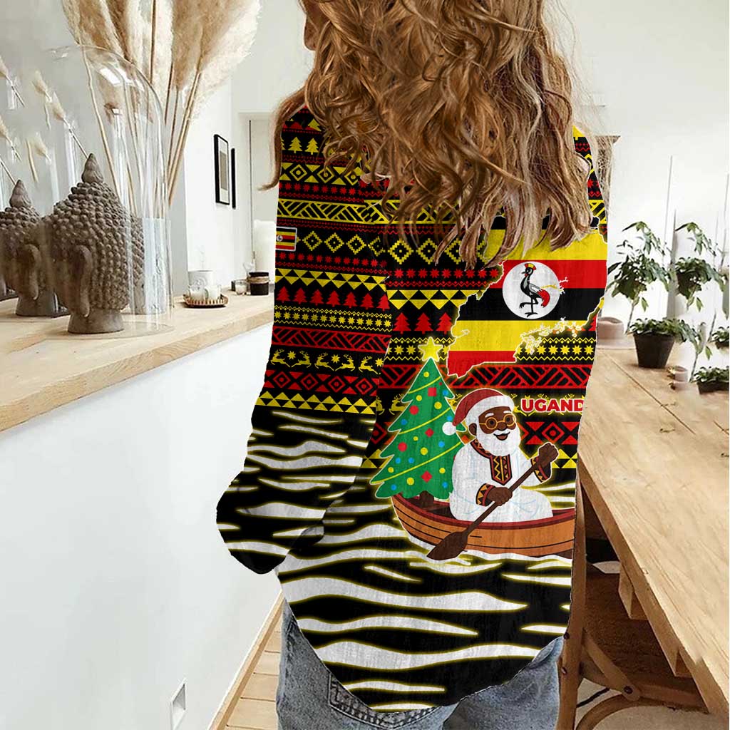 Uganda Christmas Women Casual Shirt with Santa in Canoe Christmas Tree Uganda Map Flag and Black Red Yellow Tribal Pattern Design - Wonder Print Shop