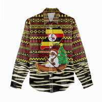 Uganda Christmas Women Casual Shirt with Santa in Canoe Christmas Tree Uganda Map Flag and Black Red Yellow Tribal Pattern Design - Wonder Print Shop