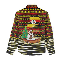Uganda Christmas Women Casual Shirt with Santa in Canoe Christmas Tree Uganda Map Flag and Black Red Yellow Tribal Pattern Design - Wonder Print Shop