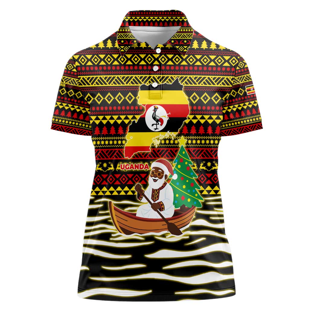 Uganda Christmas Women Polo Shirt with Santa in Canoe Christmas Tree Uganda Map Flag and Black Red Yellow Tribal Pattern Design - Wonder Print Shop