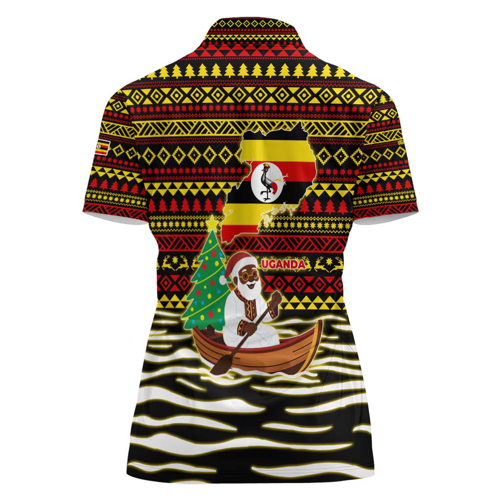 Uganda Christmas Women Polo Shirt with Santa in Canoe Christmas Tree Uganda Map Flag and Black Red Yellow Tribal Pattern Design - Wonder Print Shop