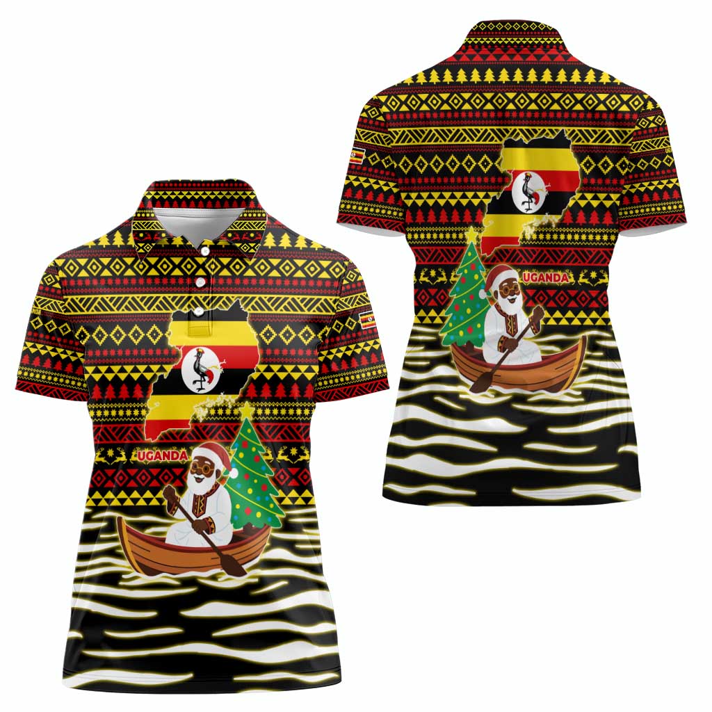 Uganda Christmas Women Polo Shirt with Santa in Canoe Christmas Tree Uganda Map Flag and Black Red Yellow Tribal Pattern Design - Wonder Print Shop