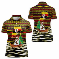 Uganda Christmas Women Polo Shirt with Santa in Canoe Christmas Tree Uganda Map Flag and Black Red Yellow Tribal Pattern Design - Wonder Print Shop