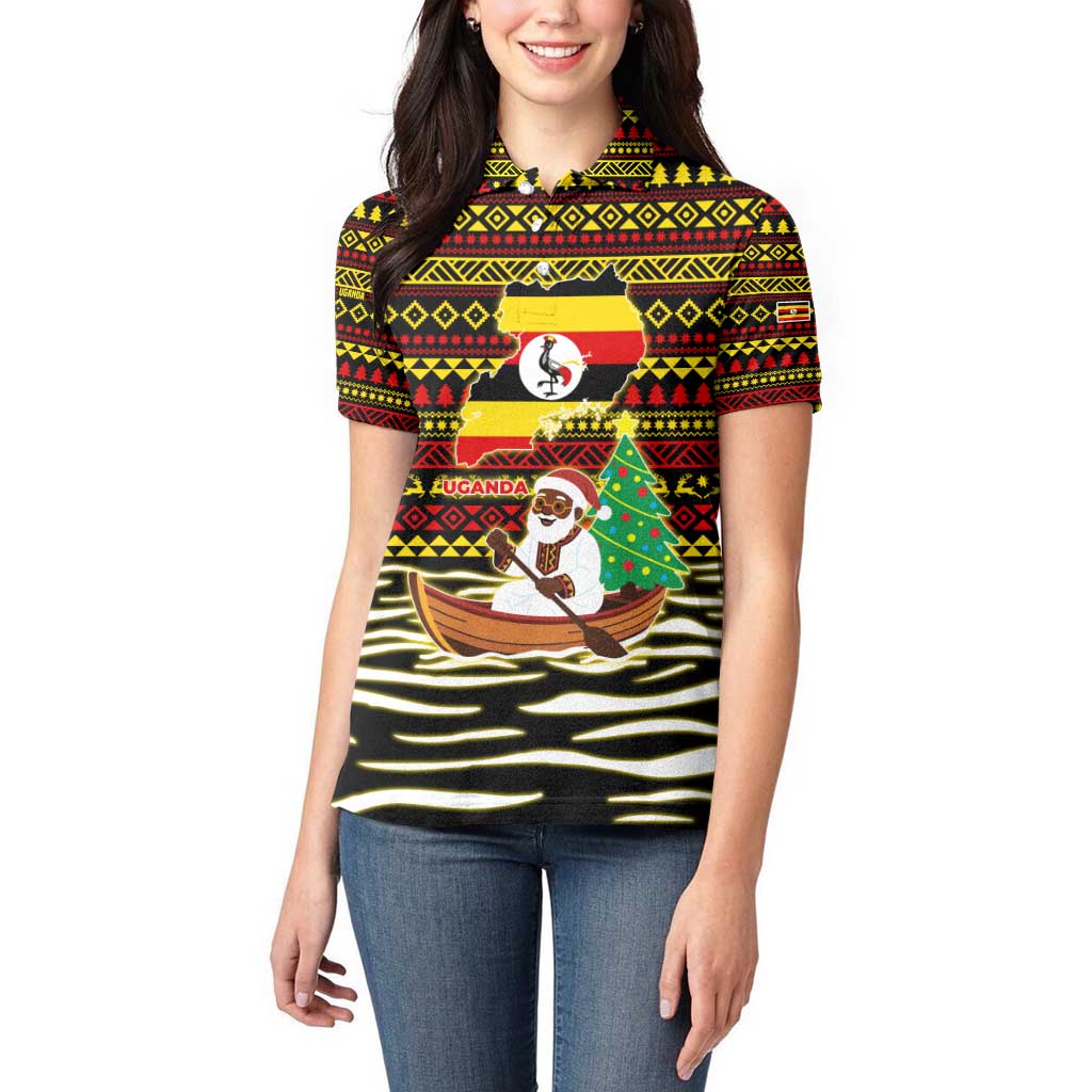 Uganda Christmas Women Polo Shirt with Santa in Canoe Christmas Tree Uganda Map Flag and Black Red Yellow Tribal Pattern Design - Wonder Print Shop