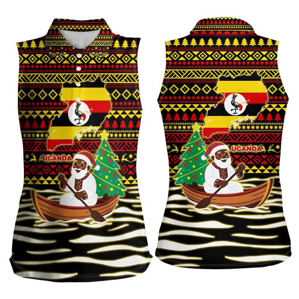 Uganda Christmas Women Sleeveless Polo Shirt with Santa in Canoe Christmas Tree Uganda Map Flag and Black Red Yellow Tribal Pattern Design - Wonder Print Shop