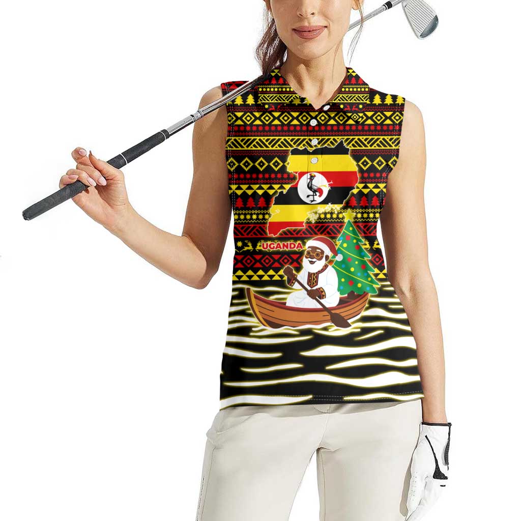 Uganda Christmas Women Sleeveless Polo Shirt with Santa in Canoe Christmas Tree Uganda Map Flag and Black Red Yellow Tribal Pattern Design - Wonder Print Shop