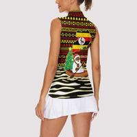 Uganda Christmas Women Sleeveless Polo Shirt with Santa in Canoe Christmas Tree Uganda Map Flag and Black Red Yellow Tribal Pattern Design - Wonder Print Shop