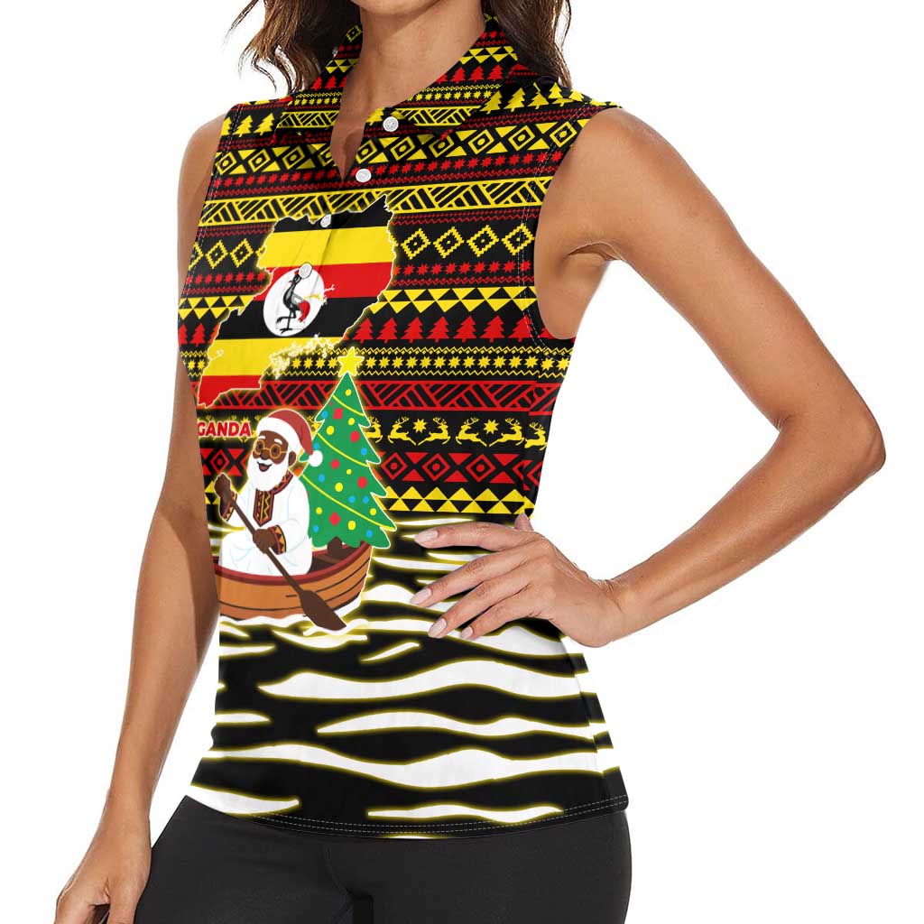 Uganda Christmas Women Sleeveless Polo Shirt with Santa in Canoe Christmas Tree Uganda Map Flag and Black Red Yellow Tribal Pattern Design - Wonder Print Shop