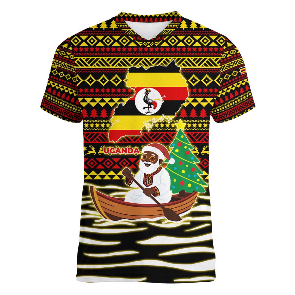 Uganda Christmas Women V-Neck T-Shirt with Santa in Canoe Christmas Tree Uganda Map Flag and Black Red Yellow Tribal Pattern Design - Wonder Print Shop
