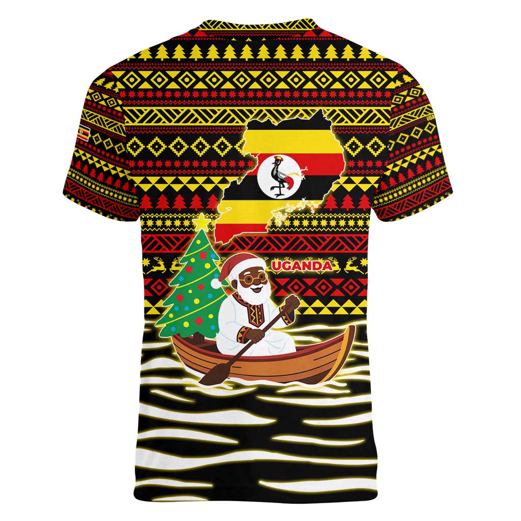 Uganda Christmas Women V-Neck T-Shirt with Santa in Canoe Christmas Tree Uganda Map Flag and Black Red Yellow Tribal Pattern Design - Wonder Print Shop