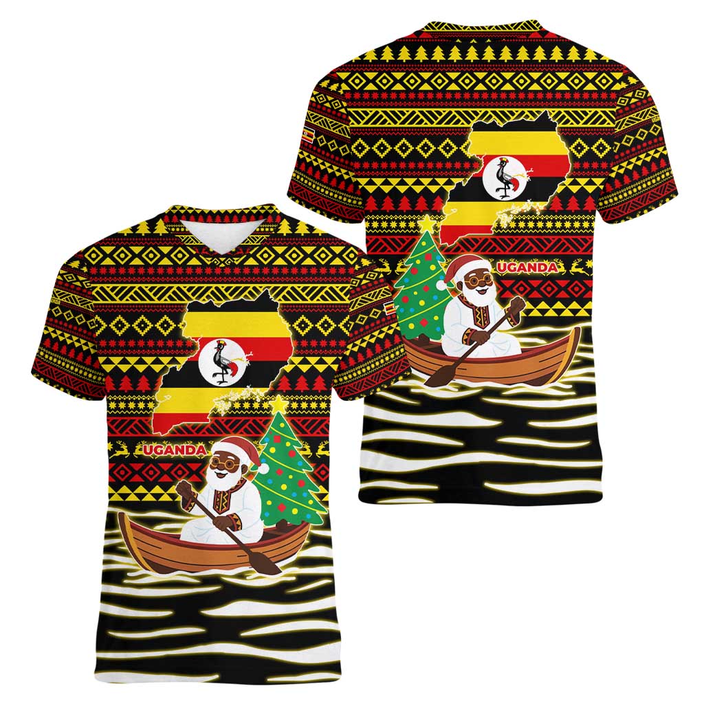 Uganda Christmas Women V-Neck T-Shirt with Santa in Canoe Christmas Tree Uganda Map Flag and Black Red Yellow Tribal Pattern Design - Wonder Print Shop