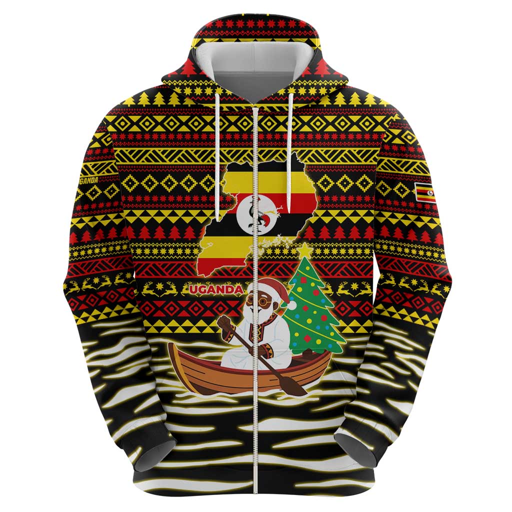 Uganda Christmas Zip Hoodie with Santa in Canoe Christmas Tree Uganda Map Flag and Black Red Yellow Tribal Pattern Design - Wonder Print Shop