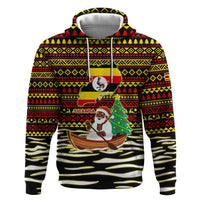 Uganda Christmas Zip Hoodie with Santa in Canoe Christmas Tree Uganda Map Flag and Black Red Yellow Tribal Pattern Design - Wonder Print Shop