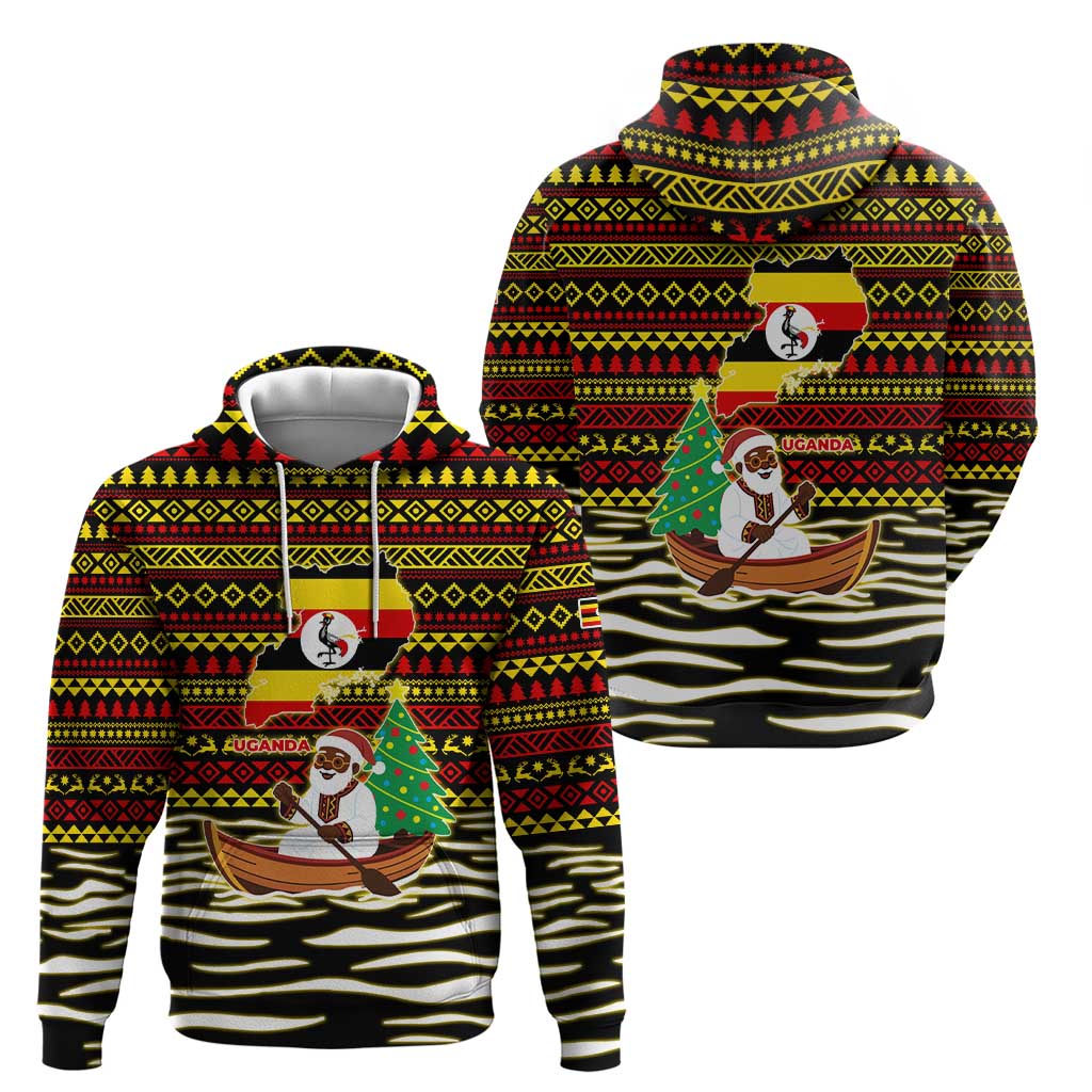 Uganda Christmas Zip Hoodie with Santa in Canoe Christmas Tree Uganda Map Flag and Black Red Yellow Tribal Pattern Design - Wonder Print Shop