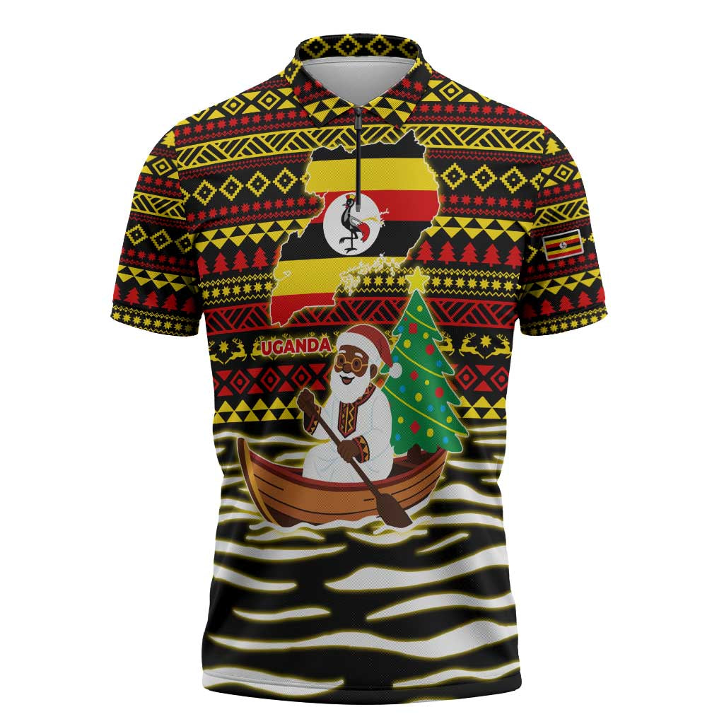 Uganda Christmas Zipper Polo Shirt with Santa in Canoe Christmas Tree Uganda Map Flag and Black Red Yellow Tribal Pattern Design - Wonder Print Shop
