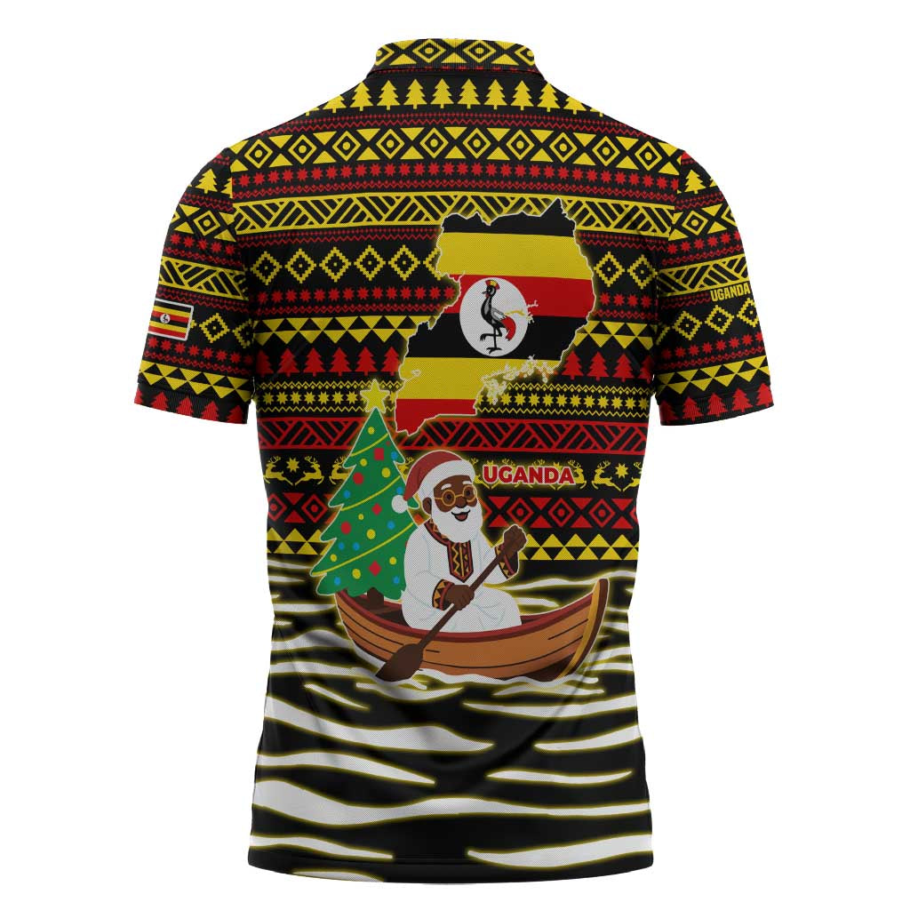 Uganda Christmas Zipper Polo Shirt with Santa in Canoe Christmas Tree Uganda Map Flag and Black Red Yellow Tribal Pattern Design - Wonder Print Shop