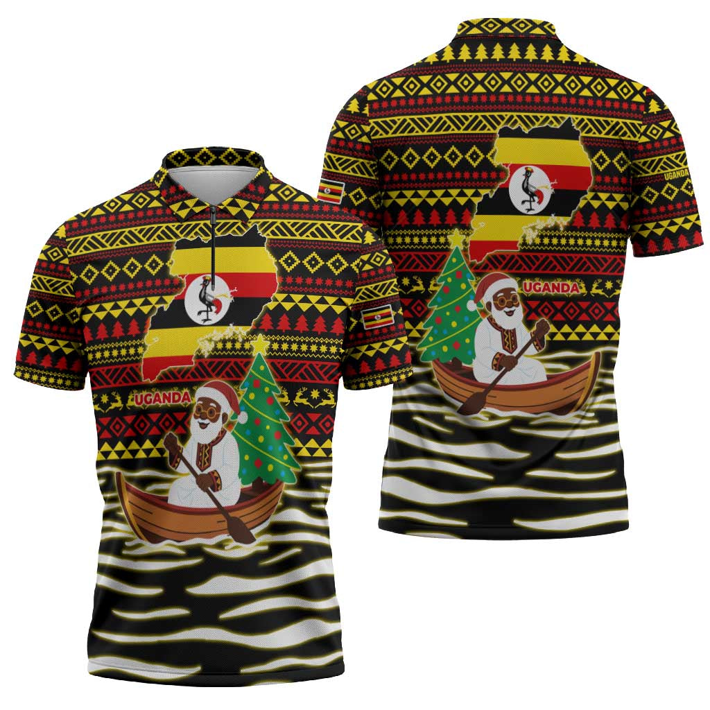 Uganda Christmas Zipper Polo Shirt with Santa in Canoe Christmas Tree Uganda Map Flag and Black Red Yellow Tribal Pattern Design - Wonder Print Shop