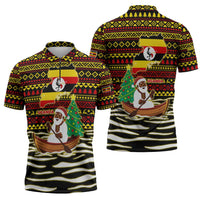 Uganda Christmas Zipper Polo Shirt with Santa in Canoe Christmas Tree Uganda Map Flag and Black Red Yellow Tribal Pattern Design - Wonder Print Shop