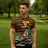 Uganda Christmas Zipper Polo Shirt with Santa in Canoe Christmas Tree Uganda Map Flag and Black Red Yellow Tribal Pattern Design - Wonder Print Shop