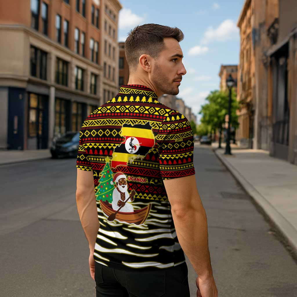 Uganda Christmas Zipper Polo Shirt with Santa in Canoe Christmas Tree Uganda Map Flag and Black Red Yellow Tribal Pattern Design - Wonder Print Shop