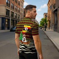 Uganda Christmas Zipper Polo Shirt with Santa in Canoe Christmas Tree Uganda Map Flag and Black Red Yellow Tribal Pattern Design - Wonder Print Shop
