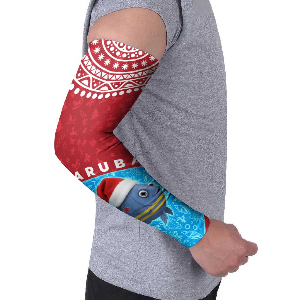 Aruba Christmas Arm Sleeves with Santa Fish Aruba Flag Ocean Icons and Red Blue Holiday Pattern Design - Wonder Print Shop