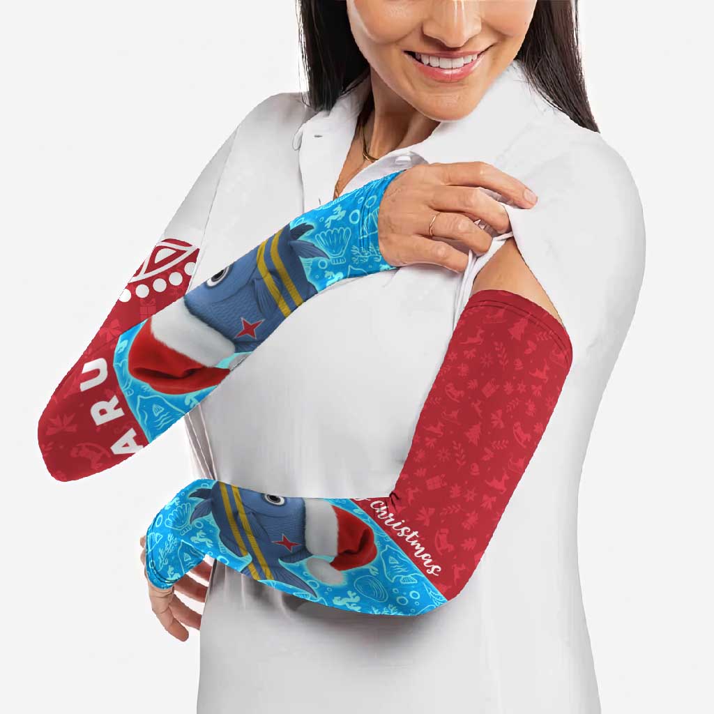 Aruba Christmas Arm Sleeves with Santa Fish Aruba Flag Ocean Icons and Red Blue Holiday Pattern Design - Wonder Print Shop