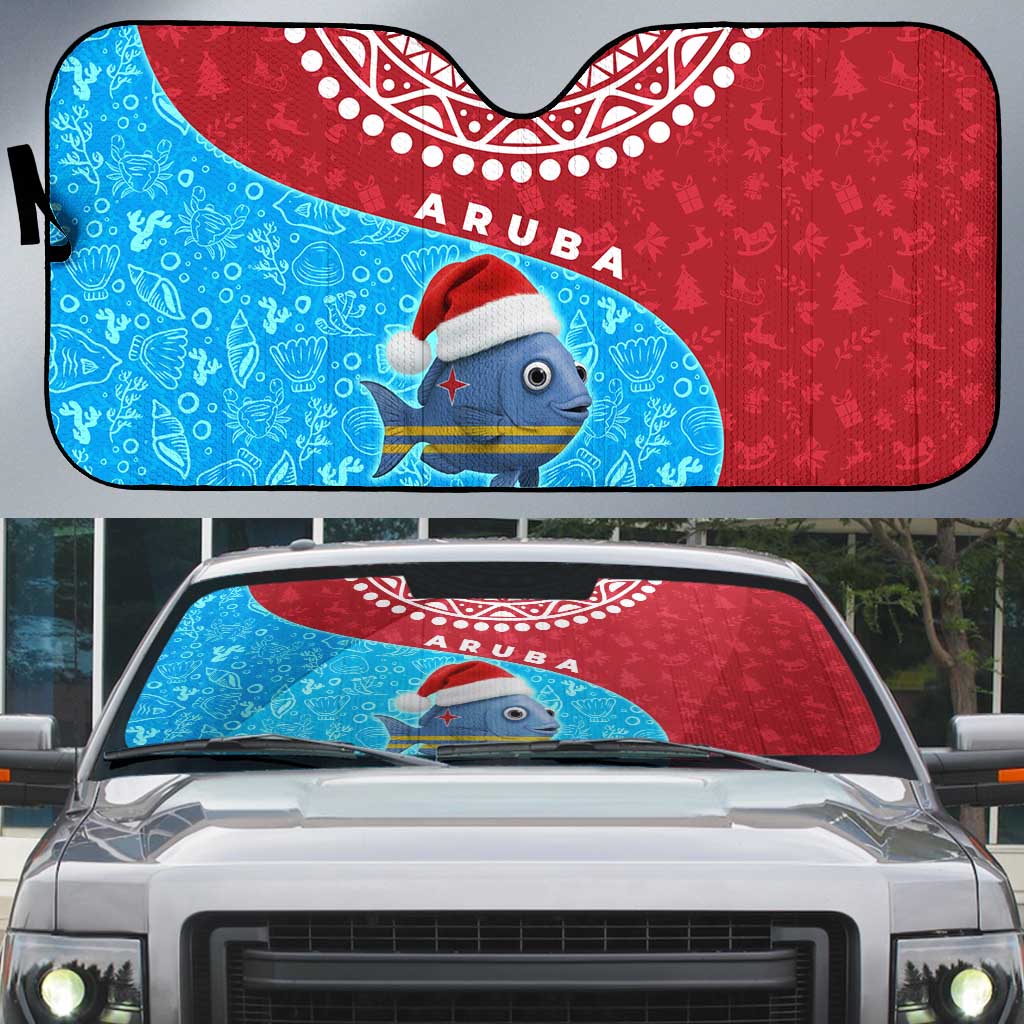 Aruba Christmas Auto Sun Shade with Santa Fish Aruba Flag Ocean Icons and Red Blue Holiday Pattern Design - Wonder Print Shop