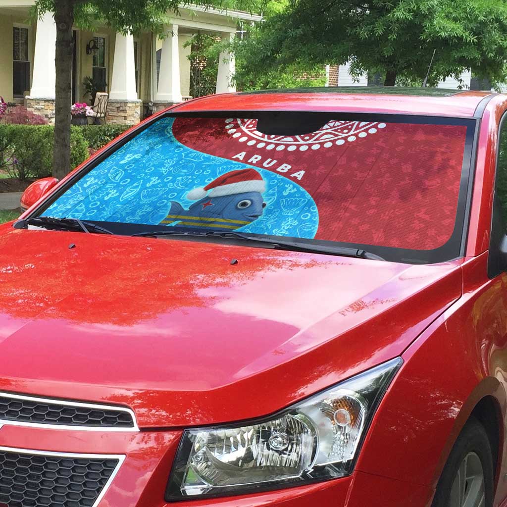 Aruba Christmas Auto Sun Shade with Santa Fish Aruba Flag Ocean Icons and Red Blue Holiday Pattern Design - Wonder Print Shop