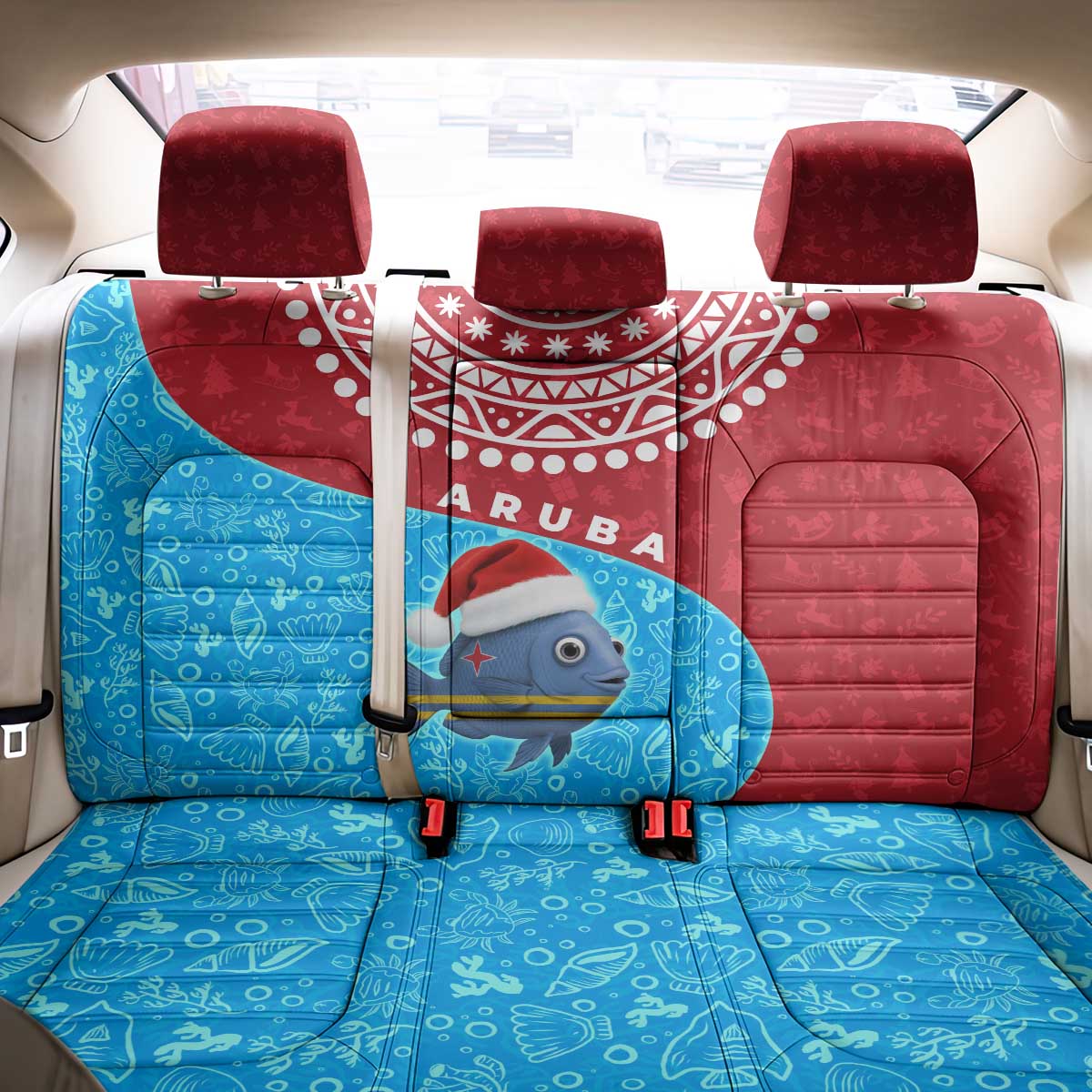 Aruba Christmas Back Car Seat Cover with Santa Fish Aruba Flag Ocean Icons and Red Blue Holiday Pattern Design - Wonder Print Shop