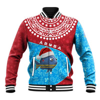 Aruba Christmas Baseball Jacket with Santa Fish Aruba Flag Ocean Icons and Red Blue Holiday Pattern Design - Wonder Print Shop