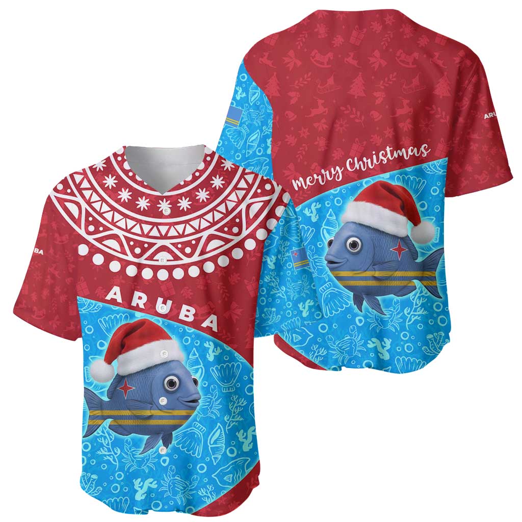 Aruba Christmas Baseball Jersey with Santa Fish Aruba Flag Ocean Icons and Red Blue Holiday Pattern Design - Wonder Print Shop