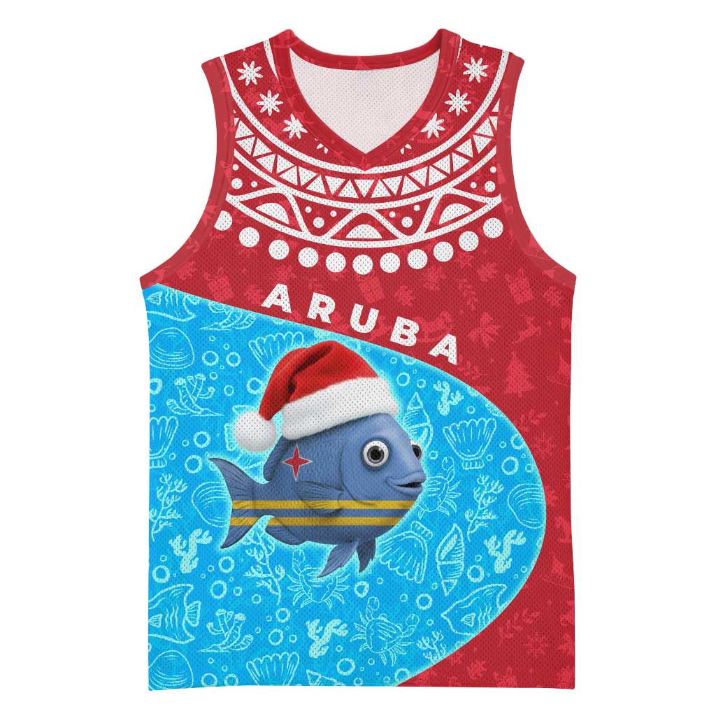 Aruba Christmas Basketball Jersey with Santa Fish Aruba Flag Ocean Icons and Red Blue Holiday Pattern Design - Wonder Print Shop