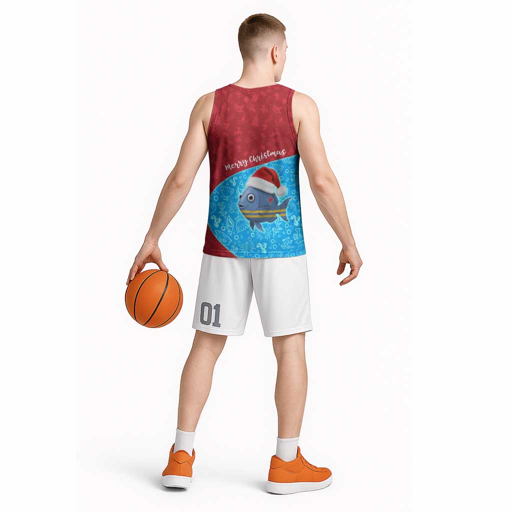 Aruba Christmas Basketball Jersey with Santa Fish Aruba Flag Ocean Icons and Red Blue Holiday Pattern Design - Wonder Print Shop