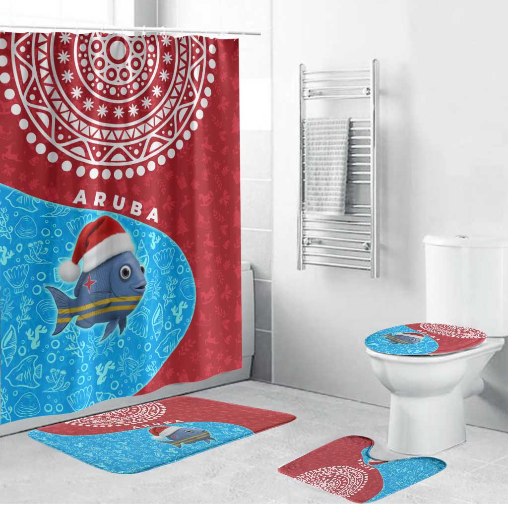 Aruba Christmas Bathroom Set with Santa Fish Aruba Flag Ocean Icons and Red Blue Holiday Pattern Design - Wonder Print Shop