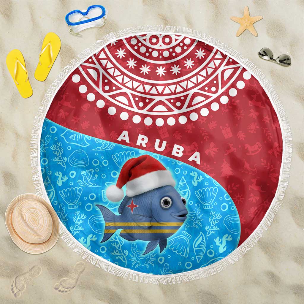 Aruba Christmas Beach Blanket with Santa Fish Aruba Flag Ocean Icons and Red Blue Holiday Pattern Design - Wonder Print Shop