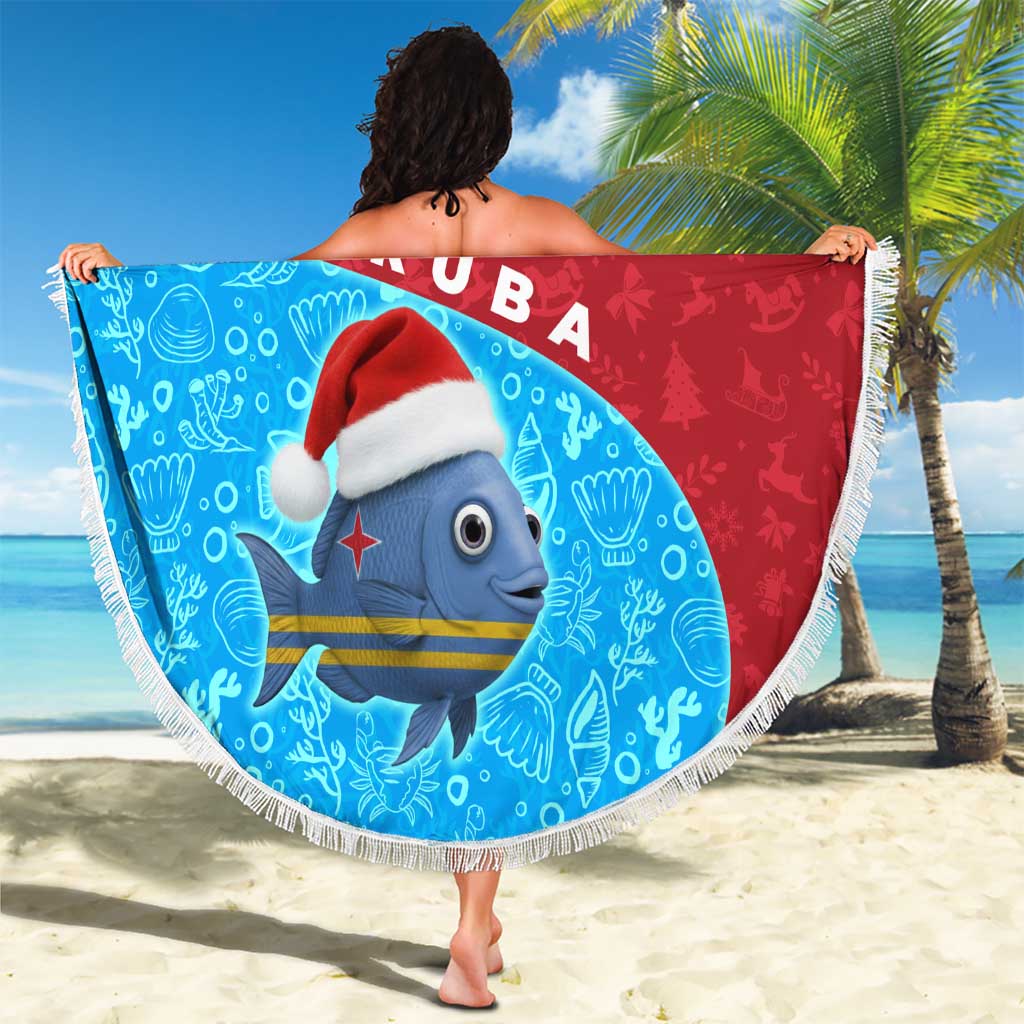 Aruba Christmas Beach Blanket with Santa Fish Aruba Flag Ocean Icons and Red Blue Holiday Pattern Design - Wonder Print Shop