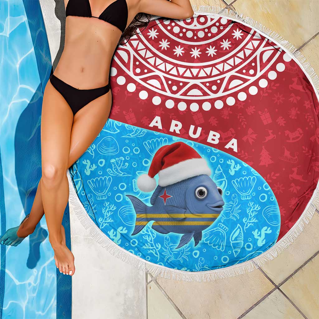 Aruba Christmas Beach Blanket with Santa Fish Aruba Flag Ocean Icons and Red Blue Holiday Pattern Design - Wonder Print Shop