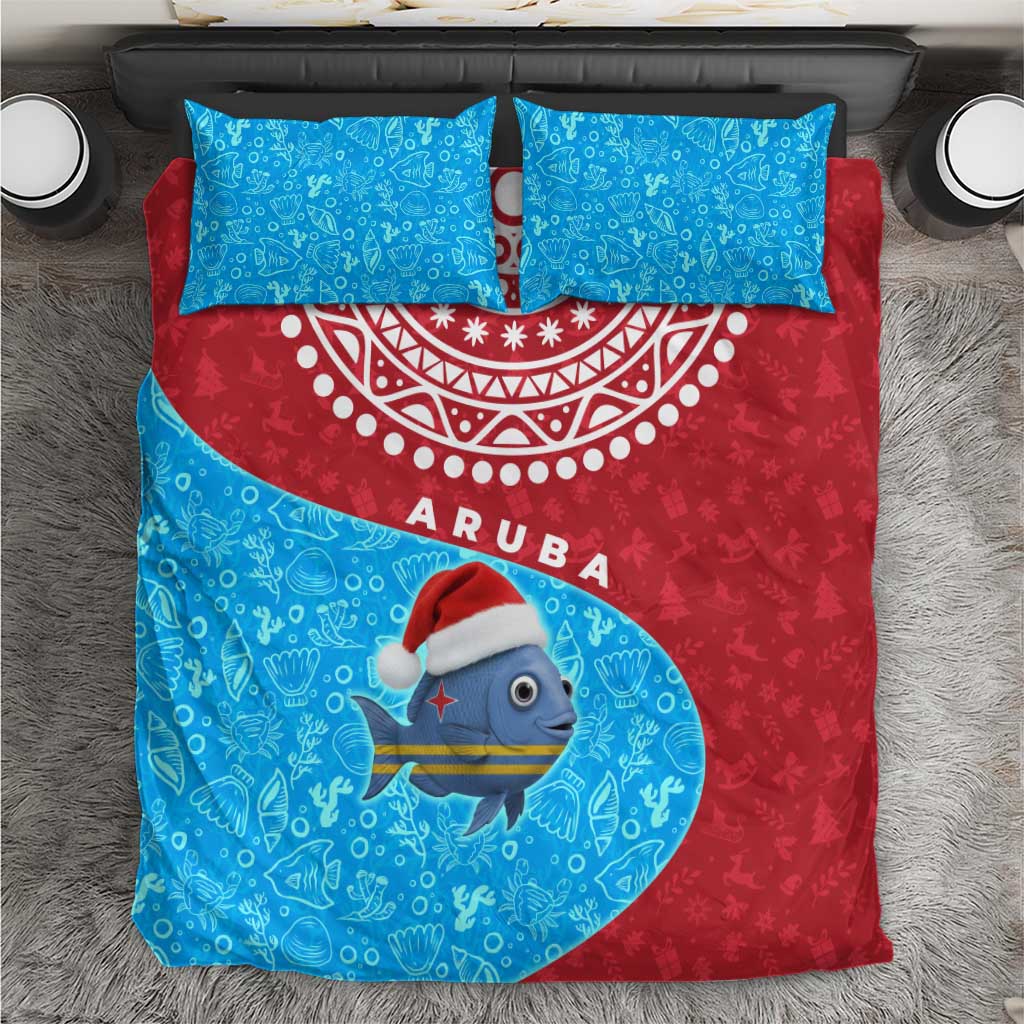 Aruba Christmas Bedding Set with Santa Fish Aruba Flag Ocean Icons and Red Blue Holiday Pattern Design - Wonder Print Shop