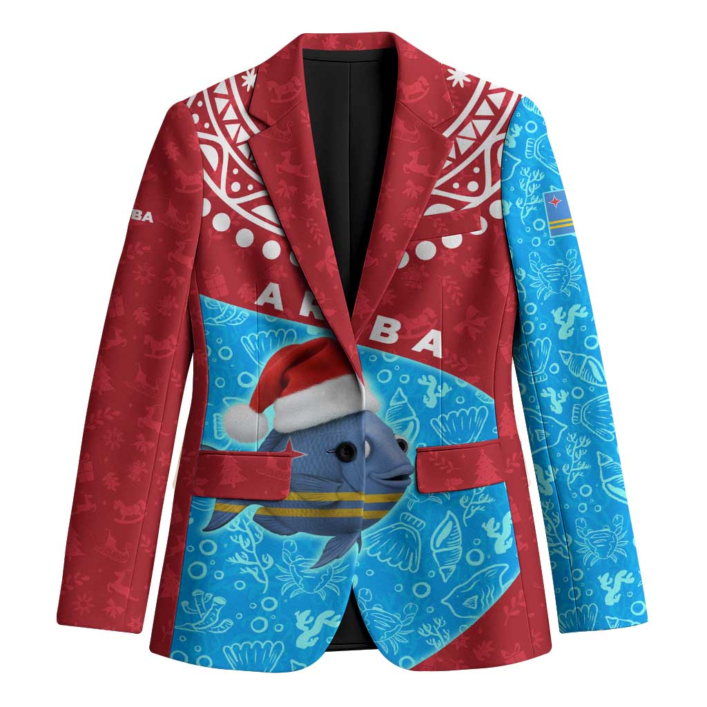 Aruba Christmas Blazer with Santa Fish Aruba Flag Ocean Icons and Red Blue Holiday Pattern Design - Wonder Print Shop