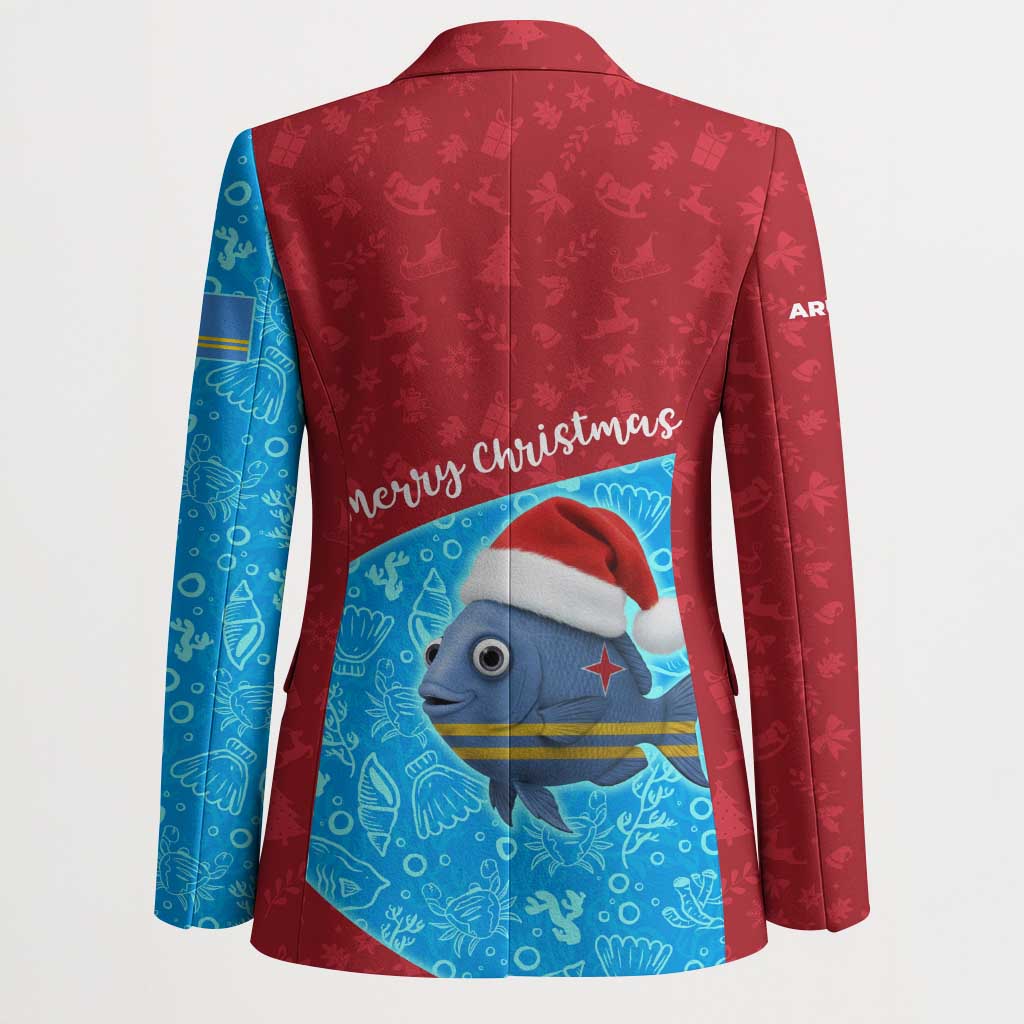 Aruba Christmas Blazer with Santa Fish Aruba Flag Ocean Icons and Red Blue Holiday Pattern Design - Wonder Print Shop