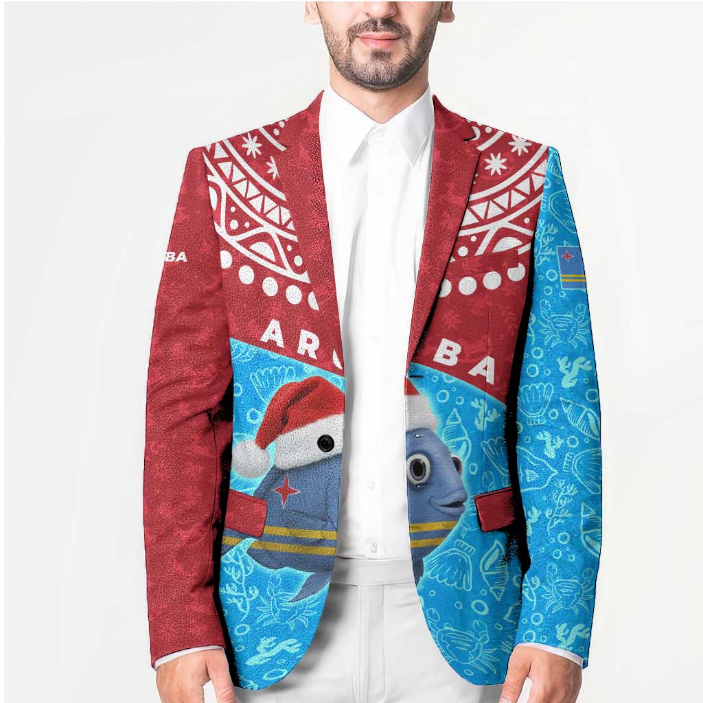 Aruba Christmas Blazer with Santa Fish Aruba Flag Ocean Icons and Red Blue Holiday Pattern Design - Wonder Print Shop
